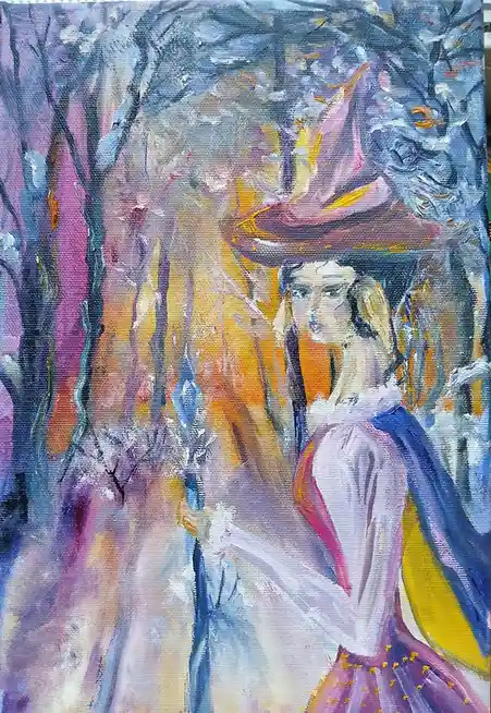 An impressionistic painting shows a woman in a large, ornate hat and a flowing dress standing in a forest with colorful…
