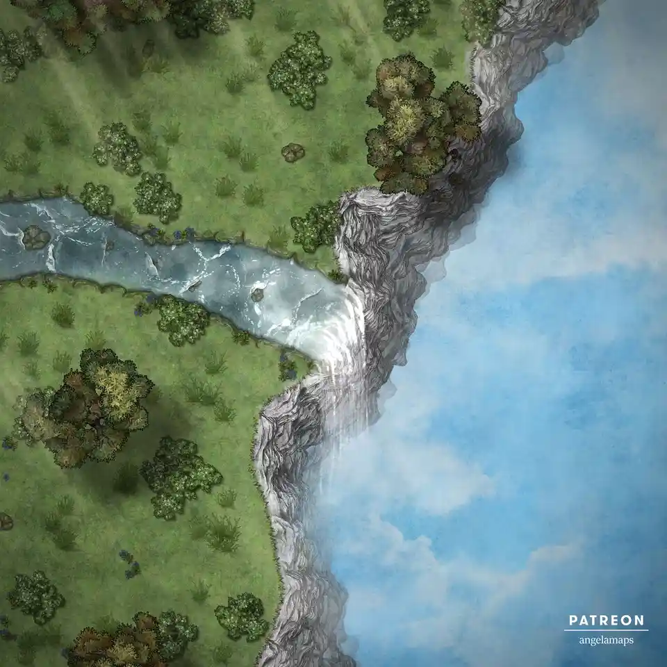 An overhead view of a fantasy map showing a river flowing into a waterfall that plunges into a blue sky, surrounded by green…
