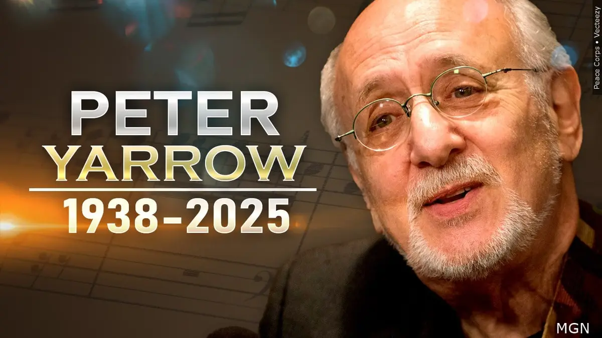 A close-up photo of Peter Yarrow, an older man with glasses and a white beard, is overlaid with large text reading 'PETER…