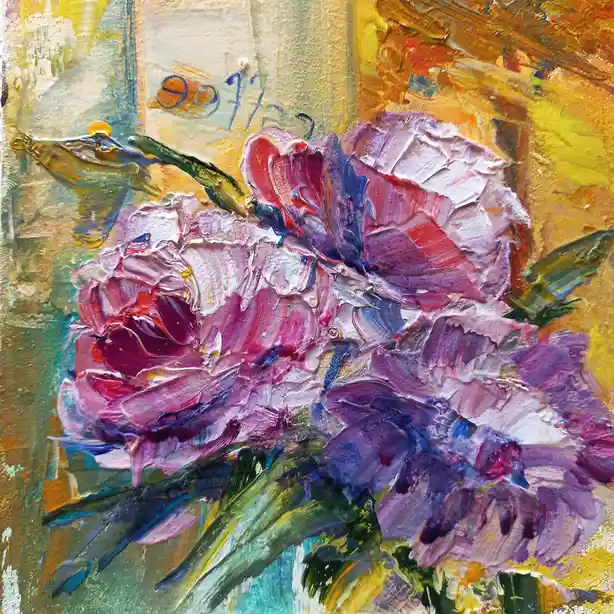 A thickly textured oil painting depicts vibrant purple and pink flowers with green stems against a warm, abstract…