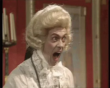 A six-panel image sequence shows a man in an 18th-century wig and white lace collar reacting with escalating shock. He…