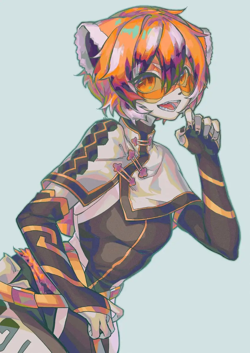 An anime-style illustration of a humanoid tiger character with orange and black striped fur, wearing a stylized outfit with…