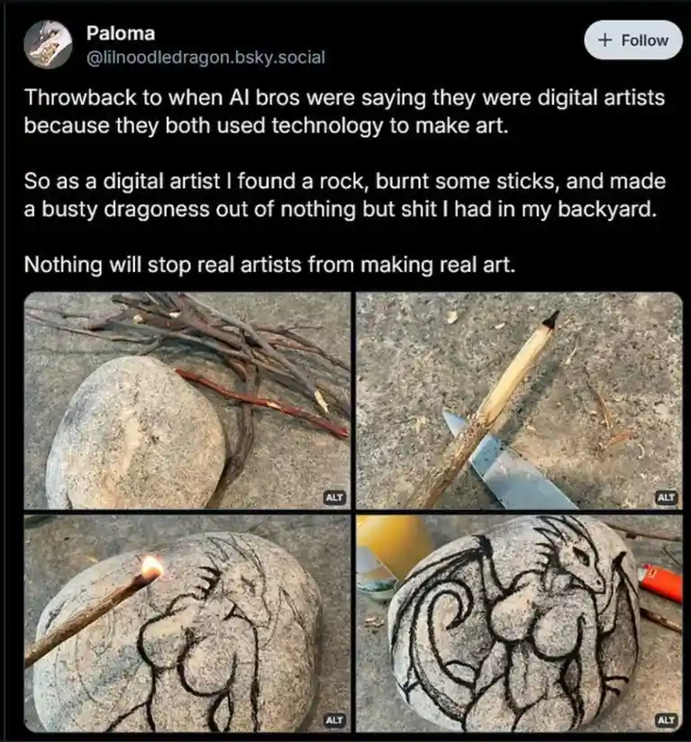 A four-panel image shows a person creating a drawing of a busty dragoness on a rock using charred sticks as a makeshift…
