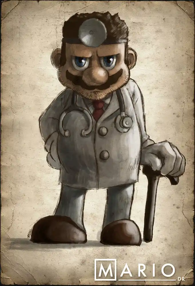 A stylized, gritty illustration of the video game character Mario dressed as a doctor, wearing a white coat, stethoscope…