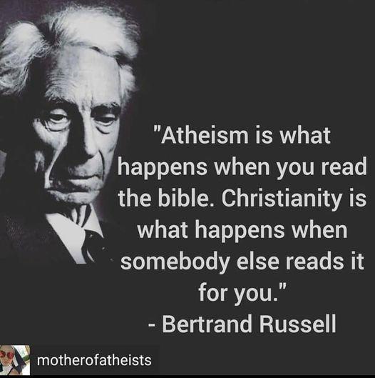 A black and white photo of Bertrand Russell with a dark background. White text overlaid on the image quotes him: 'Atheism is…
