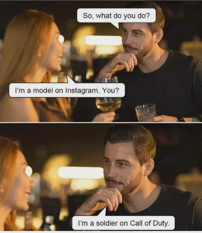 Two-panel image shows a man and woman in a dimly lit bar. In the top panel, the woman asks the man what he does, and he…