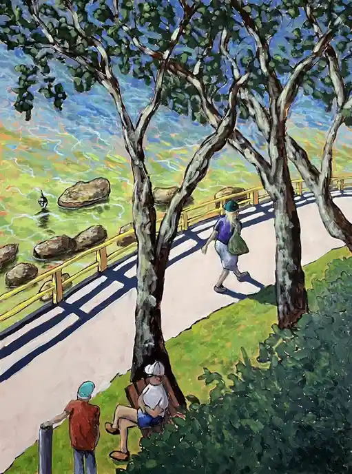 A colorful painting depicts a park scene with a person sitting on a bench under a tree, a child standing nearby, and another…