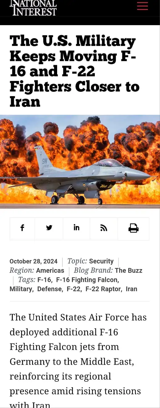 A screenshot of a National Interest article titled 'The U.S. Military Keeps Moving F-16 and F-22 Fighters Closer to Iran'…