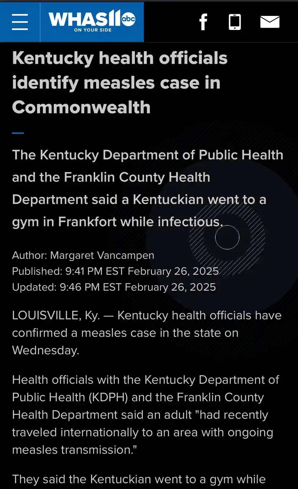 A screenshot of a WHAS11 ABC news article about a measles case in Kentucky, where officials report an infected individual…