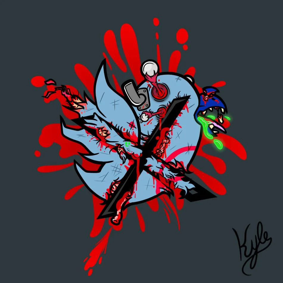 A cartoonish, grotesque, and heavily damaged blue bird logo, resembling Twitter's old bird icon, is shown impaled by black…