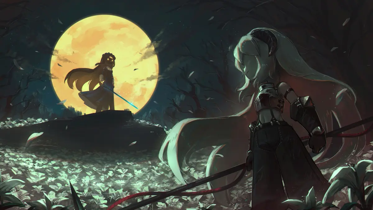 An anime-style illustration shows a character with long white hair and horns in the foreground, looking down with a…