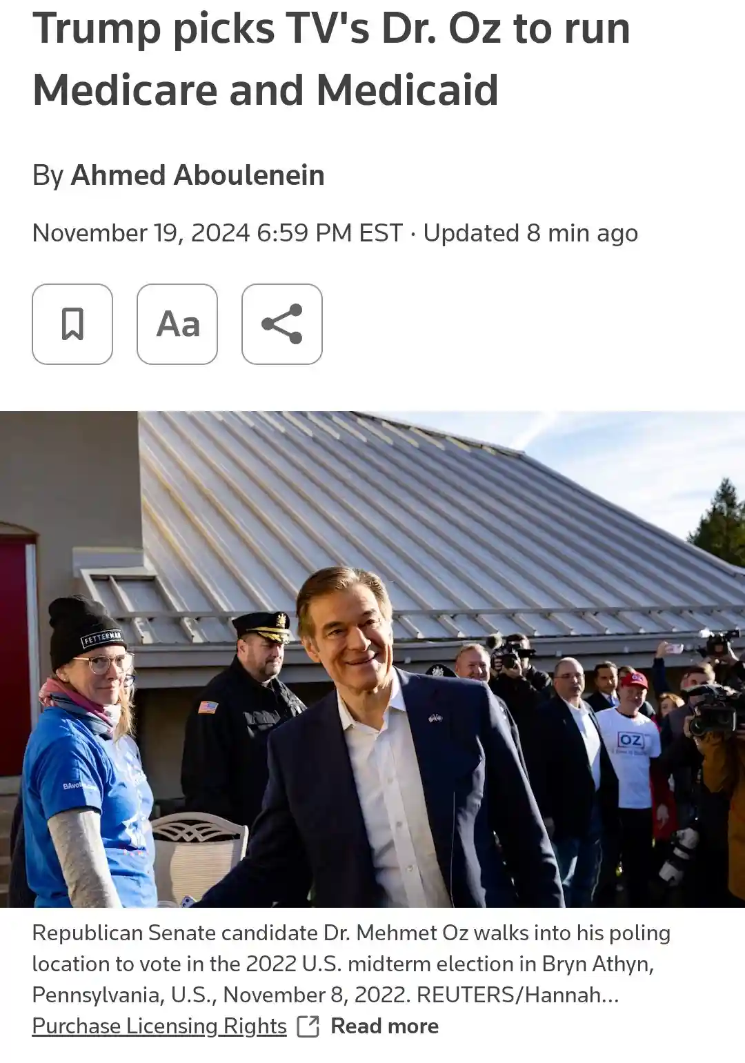 A screenshot of a news article header showing a photo of Dr. Mehmet Oz walking into a polling location in 2022, with the…