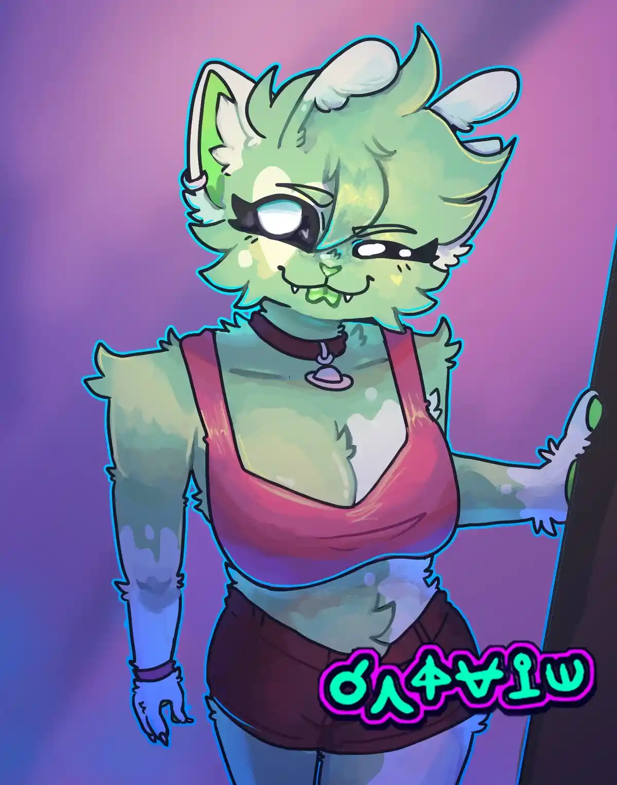 A green-furred anthropomorphic cat with white-tipped ears and a confident smirk, wearing a red tank top, dark shorts, and a…