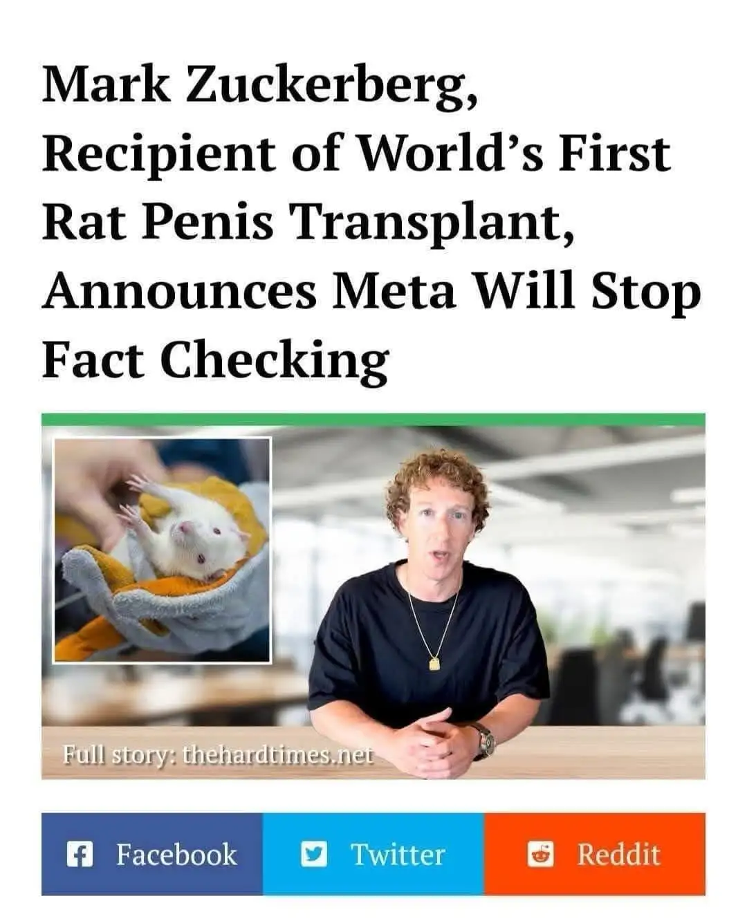 The image mimics a fake news article with a headline about Mark Zuckerberg receiving a rat penis transplant and Meta…