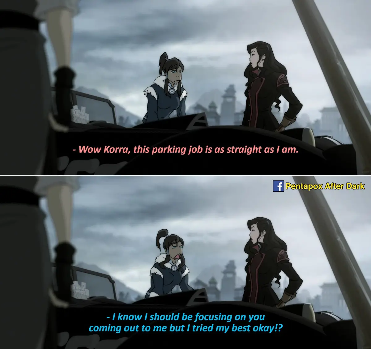 Two animated female characters from 'The Legend of Korra' are shown in a scene with overlaid text. The top panel shows one…