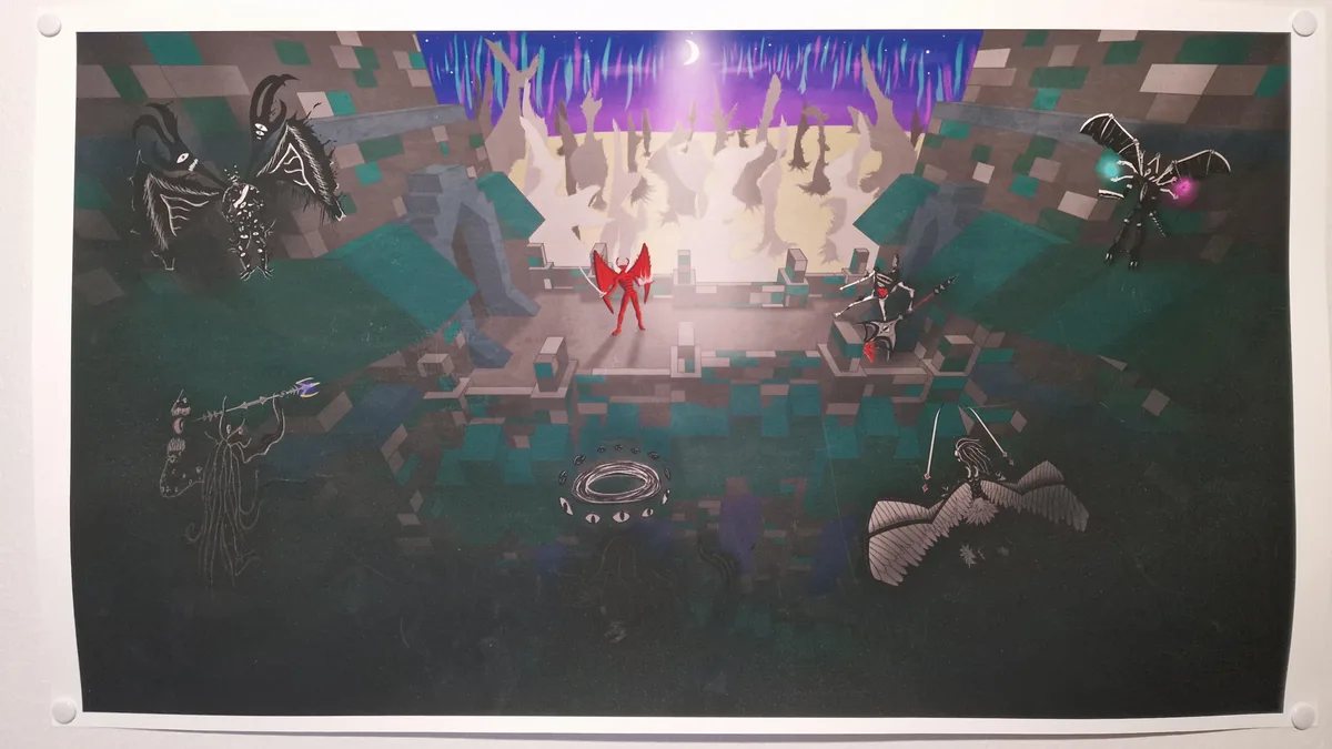 A stylized, blocky artwork depicts a red-winged figure standing in a central platform surrounded by various dark, monstrous…