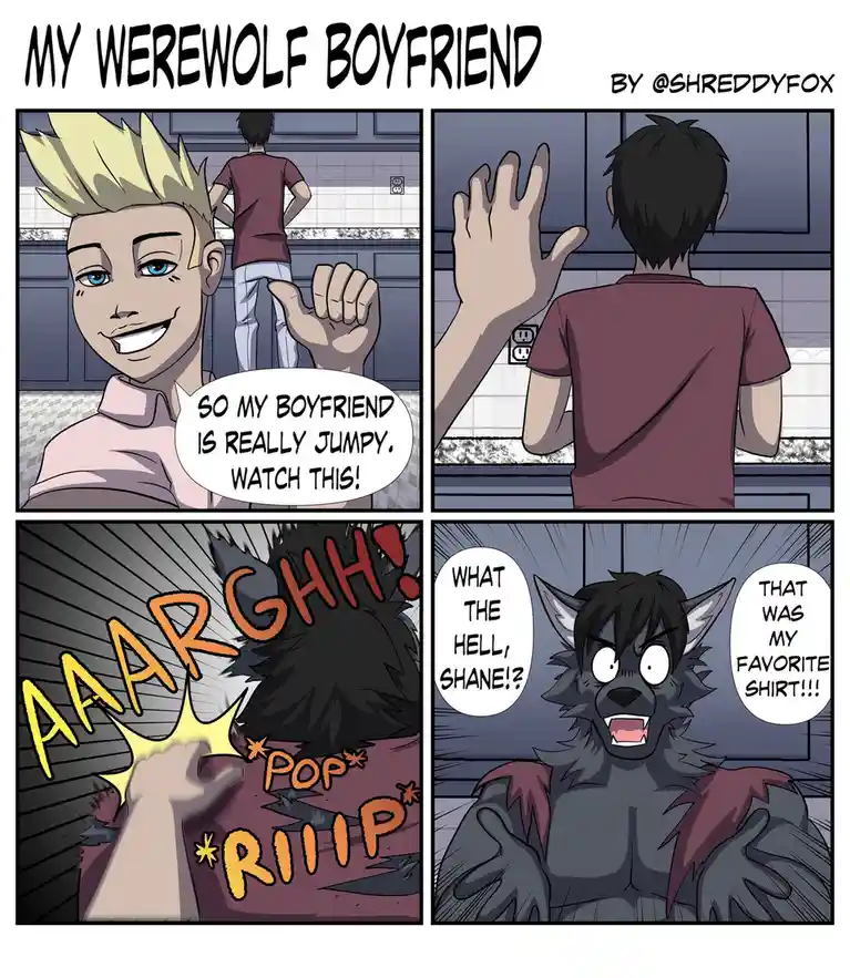 A four-panel comic titled 'MY WEREWOLF BOYFRIEND' by @SHREDDYFOX. In the first panel, a blonde person smiles and says their…