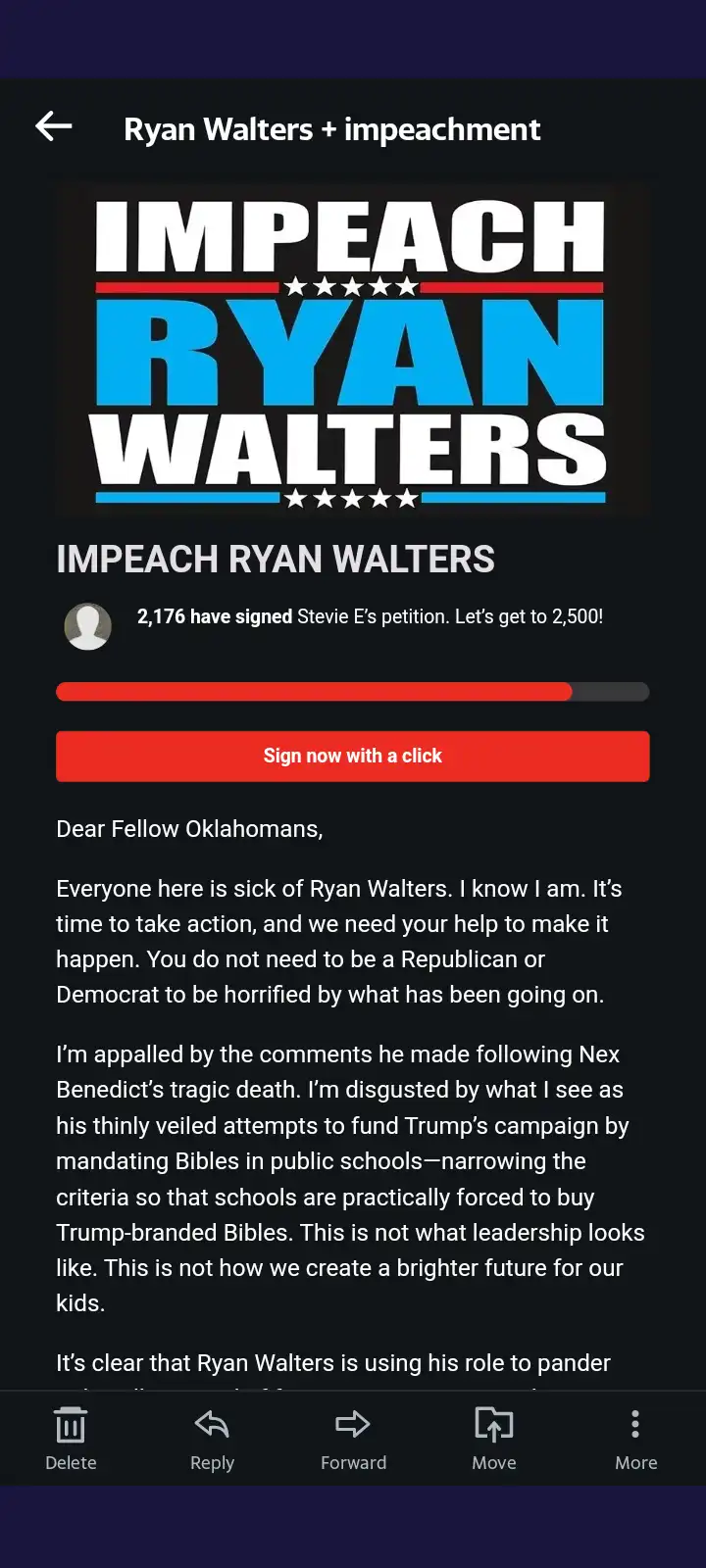 A screenshot of a petition page titled 'IMPEACH RYAN WALTERS' with a progress bar showing 2,176 signatures out of a 2,500…