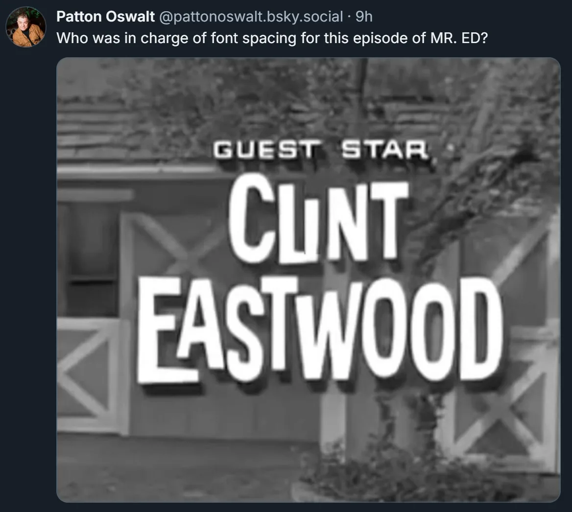 A black-and-white image shows a vintage TV show credit card with the text 'GUEST STAR CLINT EASTWOOD' in large, bold…