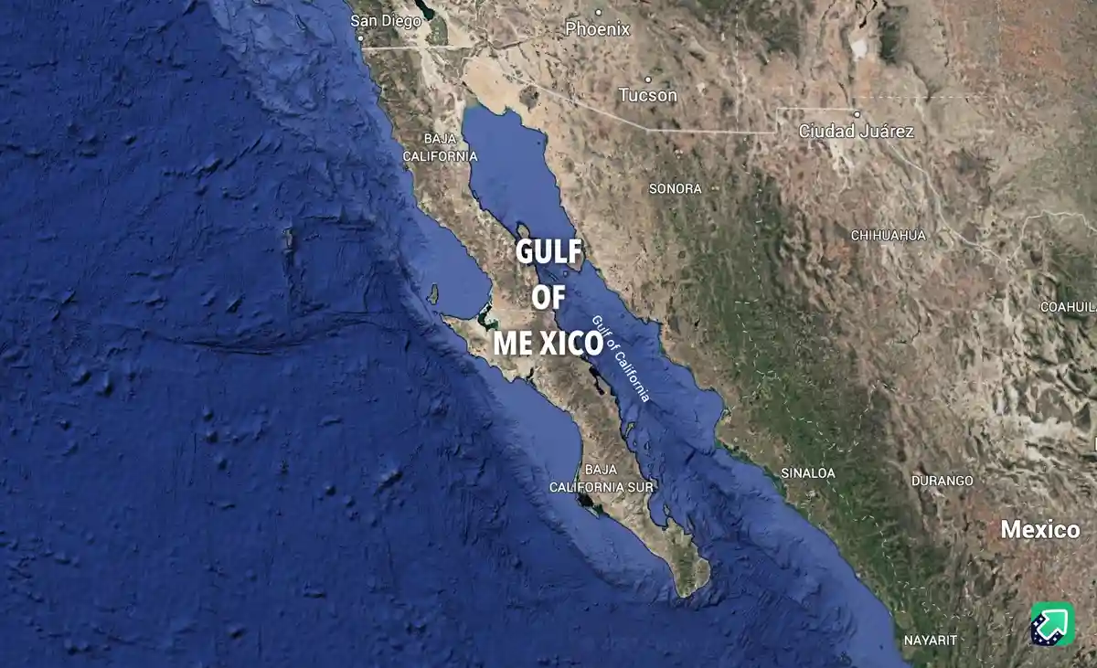 A satellite map image shows the Gulf of California, but the overlaid text incorrectly labels it as 'GULF OF ME XICO', with…