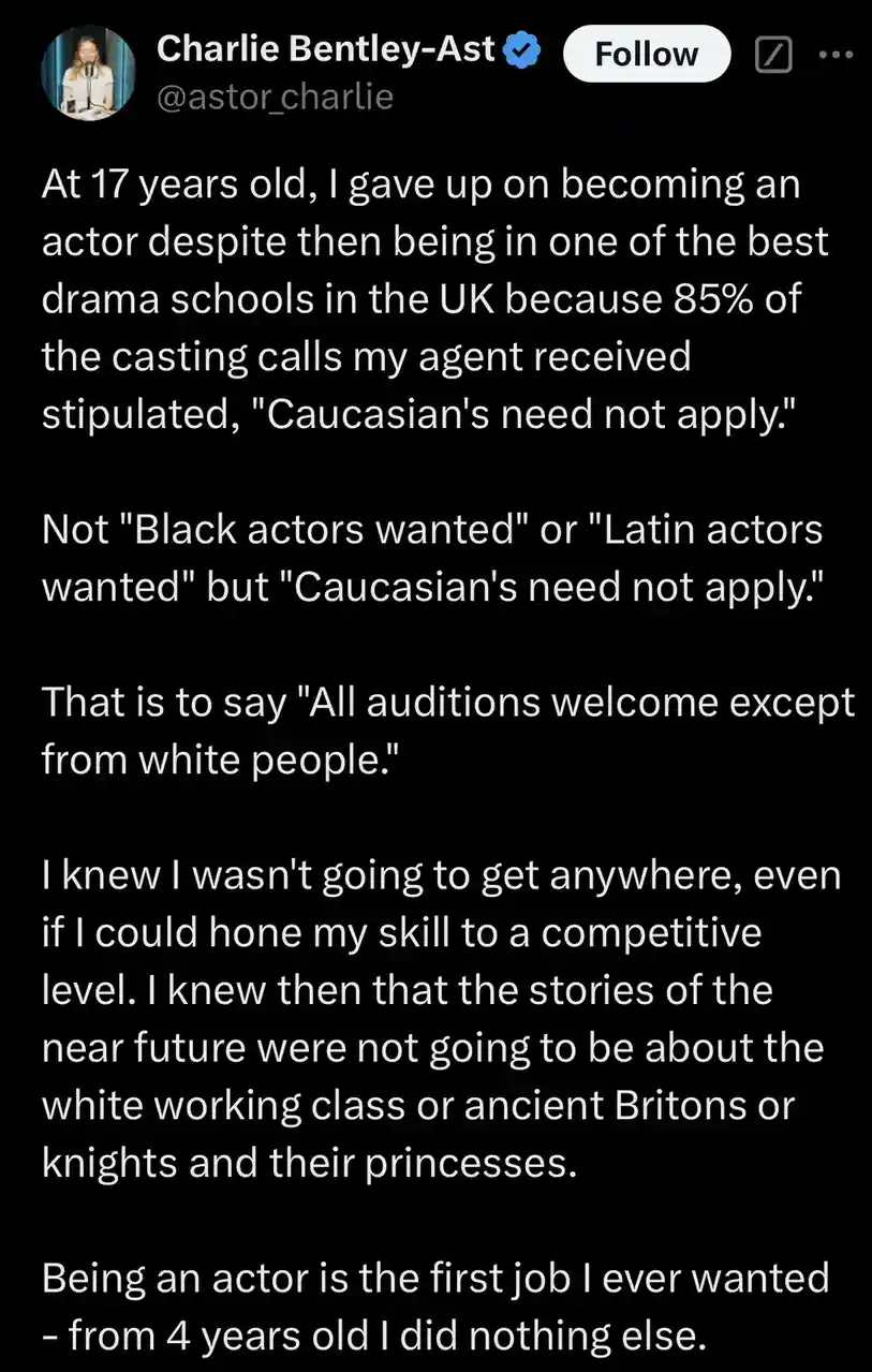 A screenshot of a tweet by Charlie Bentley-Ast detailing how, at 17, she quit acting after realizing 85% of casting calls…