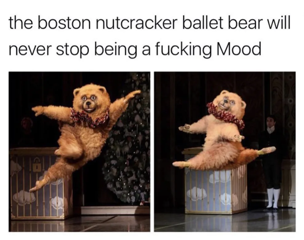 Two side-by-side photos show a large, fluffy brown bear costume performing ballet on a stage. In both images, the bear is…