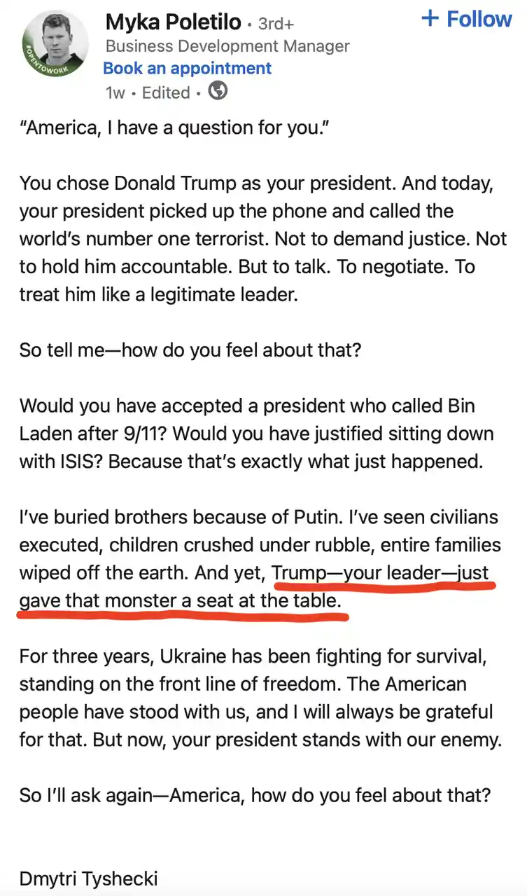 A screenshot of a Facebook post by Myka Poletilo, featuring a lengthy text attributed to Dmytri Tyshecki. The text is a…