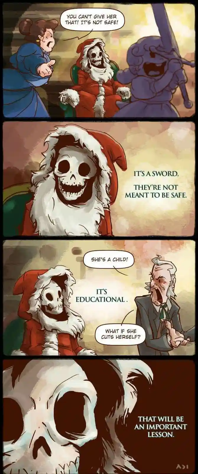 A four-panel comic strip featuring a skeletal Santa Claus defending giving a child a sword, arguing it's educational and…