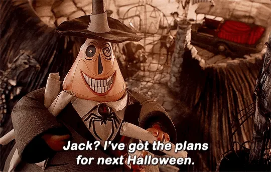 A split-screen image shows the character Lock 'n' Load from 'The Nightmare Before Christmas' in two rows. In the top row, he…