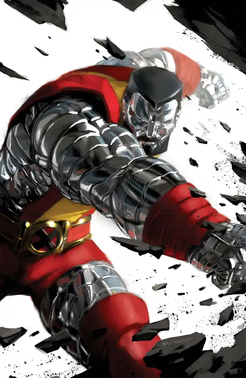 A comic book illustration shows a muscular, armored figure in a red and silver suit with a black helmet, breaking through a…