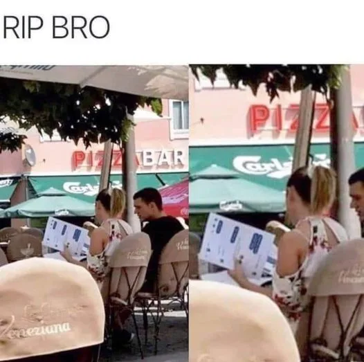 Two side-by-side photos show a man and woman sitting at an outdoor restaurant table, both looking at menus. The man is…