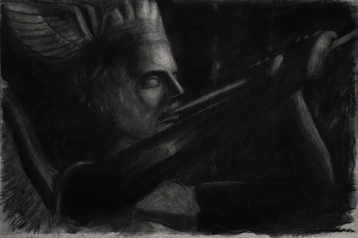 A charcoal sketch depicts a serene, winged angelic figure in profile, eyes closed and holding a long staff or sword…