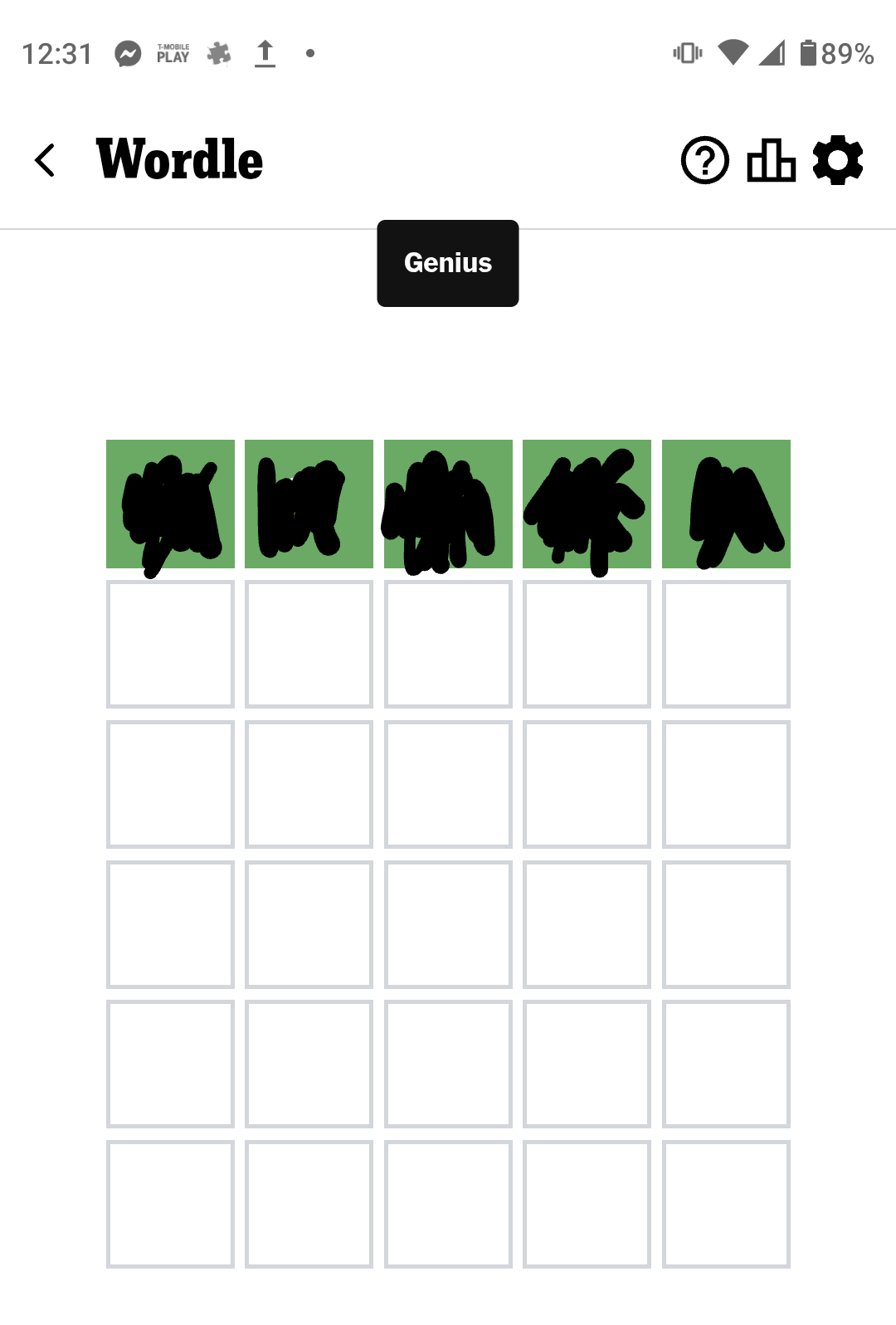 A screenshot of the Wordle game interface showing the 'Genius' achievement badge above a completed row of five green…