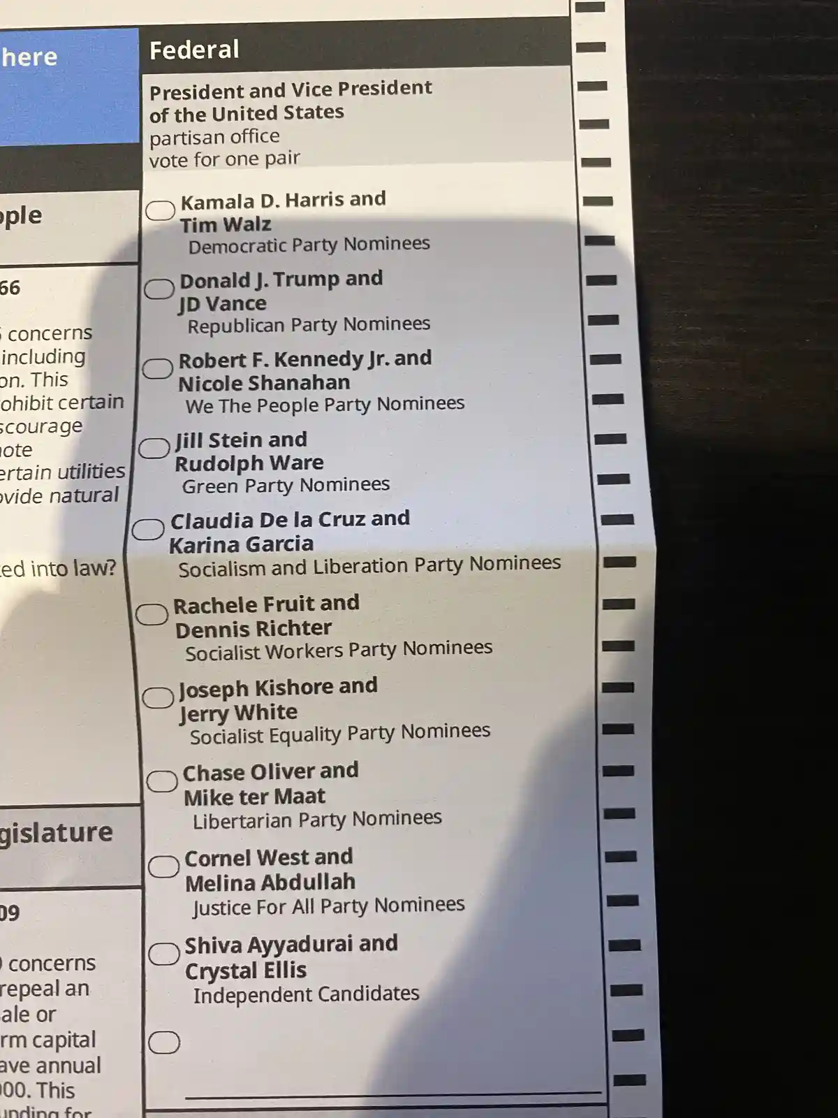 A close-up of a U.S. federal election ballot showing the 'President and Vice President of the United States' section with…