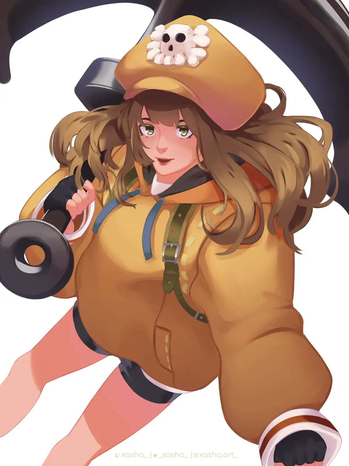 An anime-style illustration of a young woman with brown hair and green eyes, wearing a brown pirate hat adorned with a white…