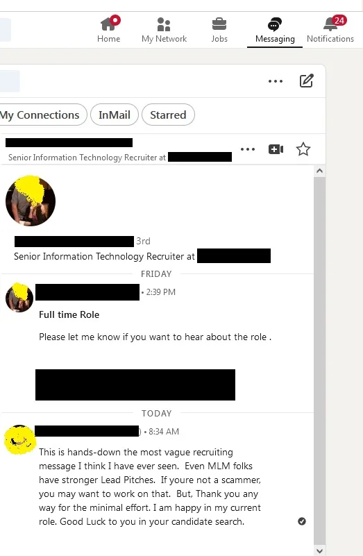 A screenshot of a LinkedIn messaging interface shows a recruiter's message asking if the recipient wants to hear about a…