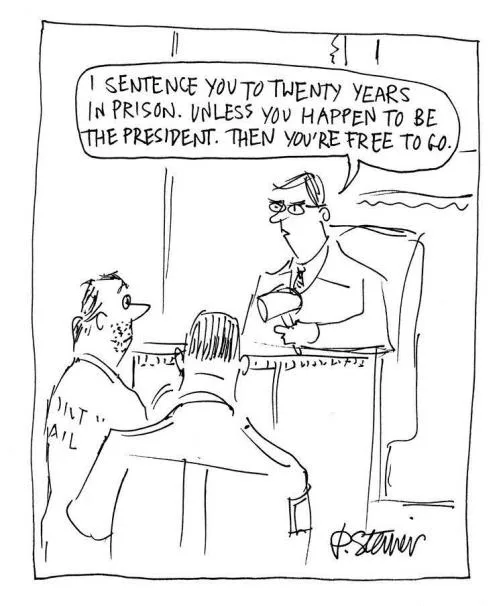 A black-and-white courtroom cartoon shows a judge sentencing a man in a jail uniform. The judge says, 'I sentence you to…