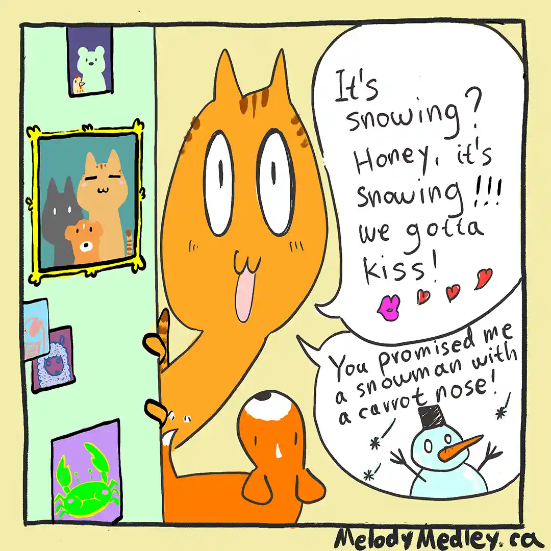 A cartoon orange cat with wide eyes and a tongue out excitedly shouts about snow, while a smaller orange cat below responds…