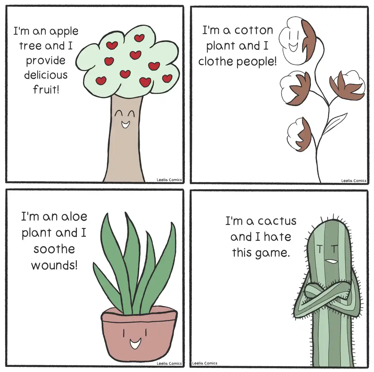 A four-panel comic strip shows four anthropomorphic plants each boasting their benefits: an apple tree with heart-shaped…