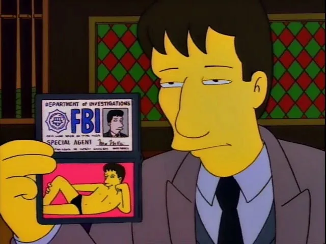 A yellow-skinned cartoon man in a suit holds up a fake FBI badge. The badge has 'DEPARTMENT OF INVESTIGATIONS FBI SPECIAL…