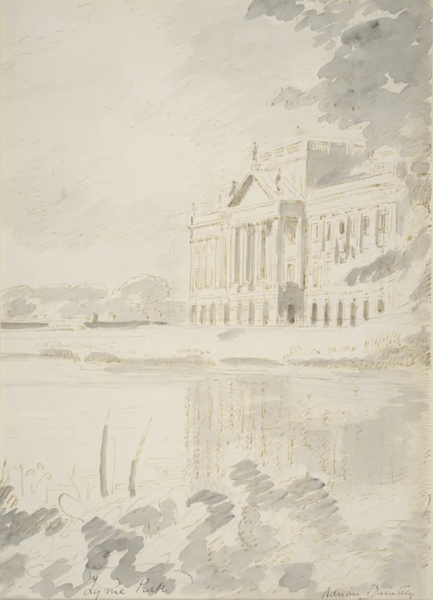 A watercolor sketch of a grand classical-style mansion with columns and a pediment, situated on a hill overlooking a body of…