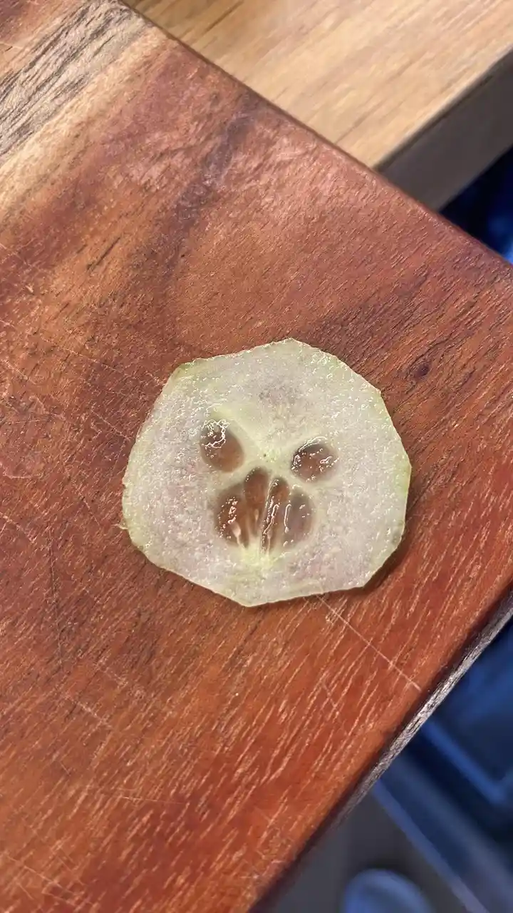 A close-up photo shows a single, thin slice of a pale green fruit resting on a worn wooden surface. The fruit's…