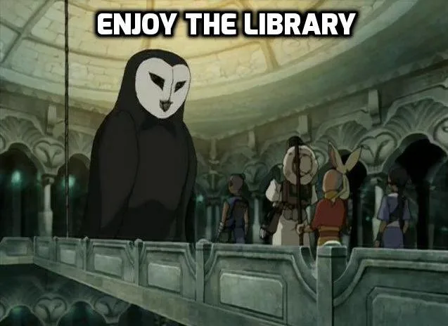 A large, ominous owl in a black robe stands on a stone balcony overlooking a group of smaller animated characters in a…