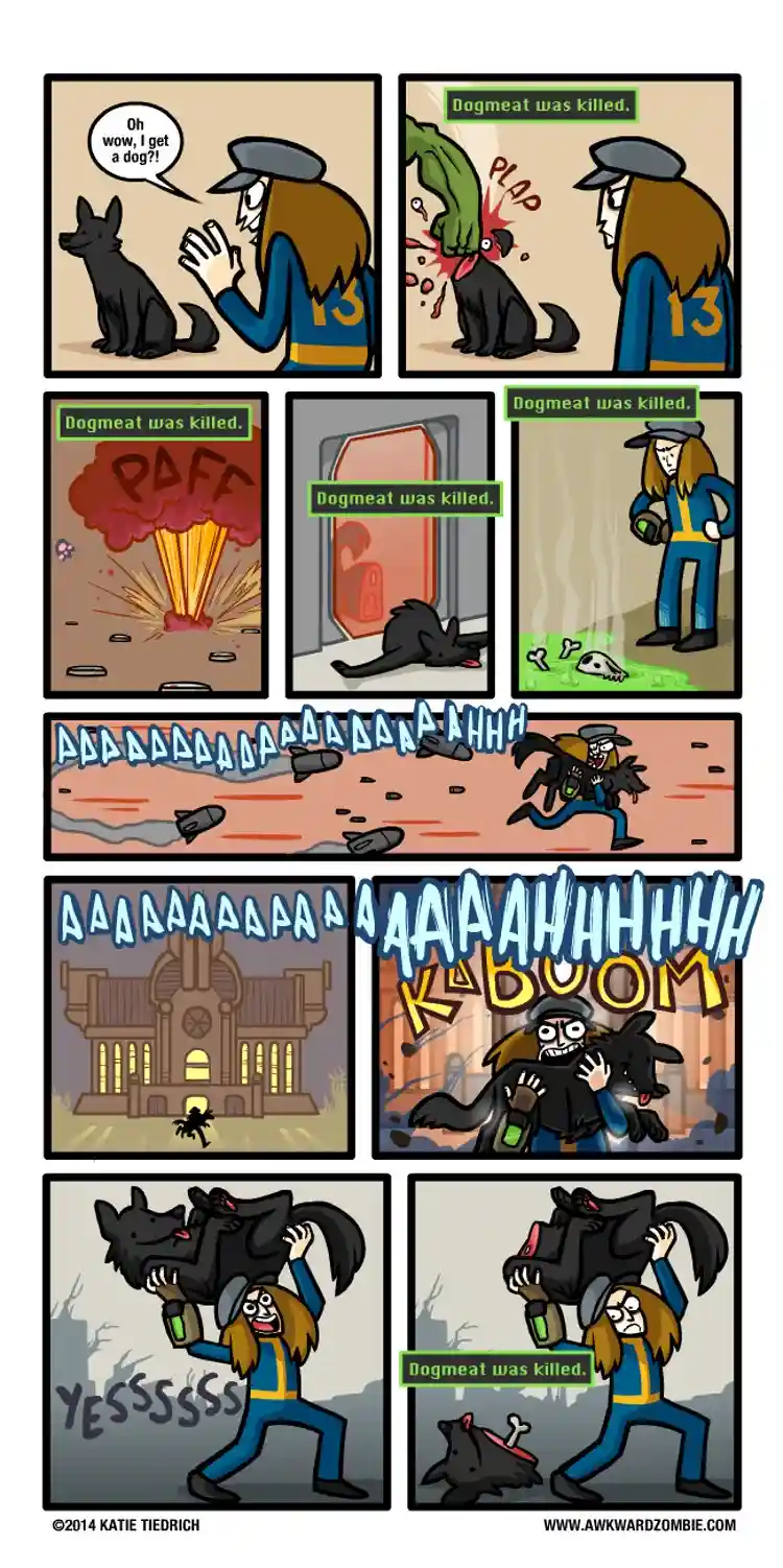 A comic strip shows a character repeatedly losing their dog, Dogmeat, in various violent ways—being shot, blown up, crushed…