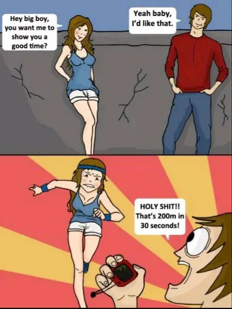 A two-panel comic shows a woman inviting a man to 'show him a good time' in a barren landscape. In the second panel, she's…