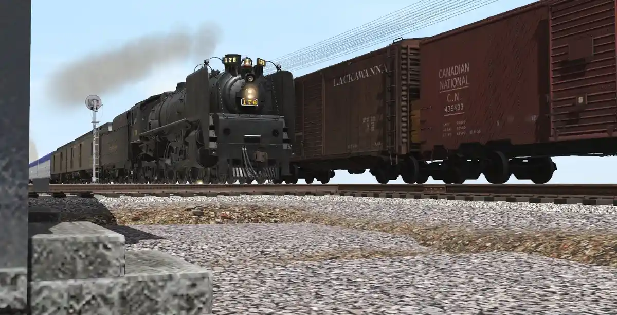 A black steam locomotive, numbered 176, pulls a train with brown boxcars labeled 'Lackawanna' and 'Canadian National' on…