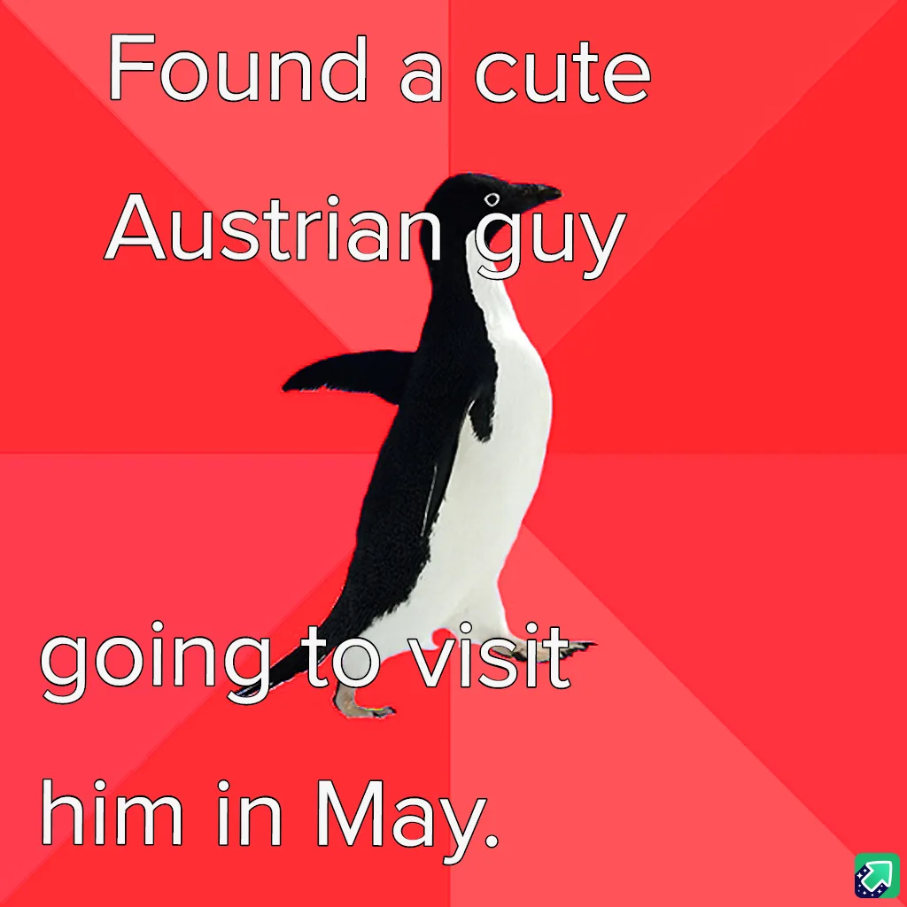 A black-and-white penguin stands against a red background with diagonal stripes. White text overlaid reads 'Found a cute…