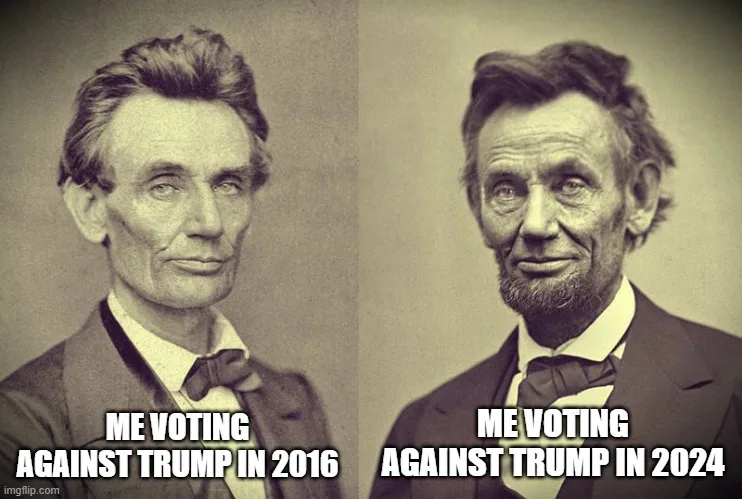 The image displays two side-by-side sepia-toned portraits of Abraham Lincoln. The left panel shows Lincoln with a neutral…