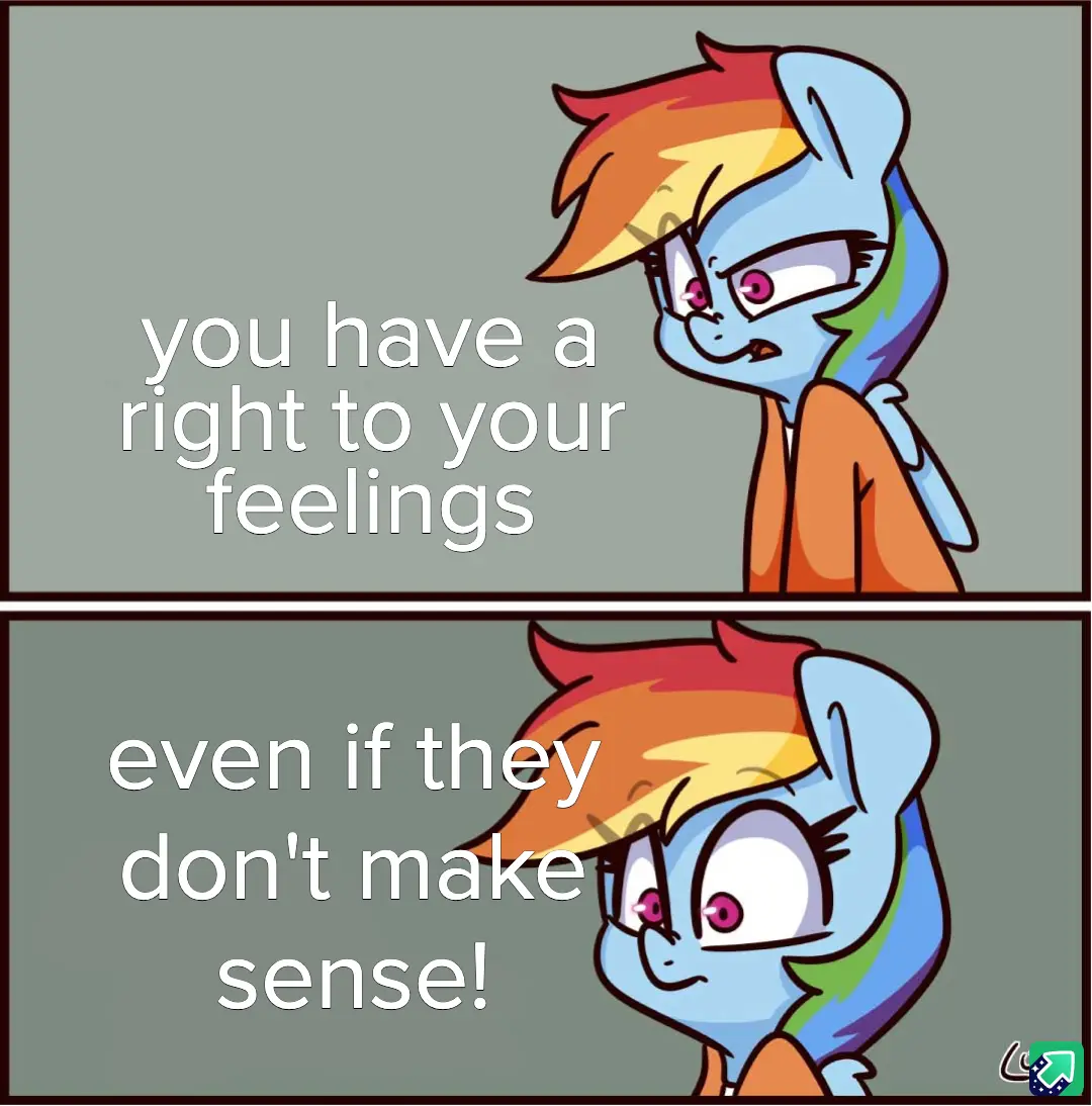 The image is a two-panel meme featuring the animated character Rainbow Dash. In the top panel, she has a stern, slightly…