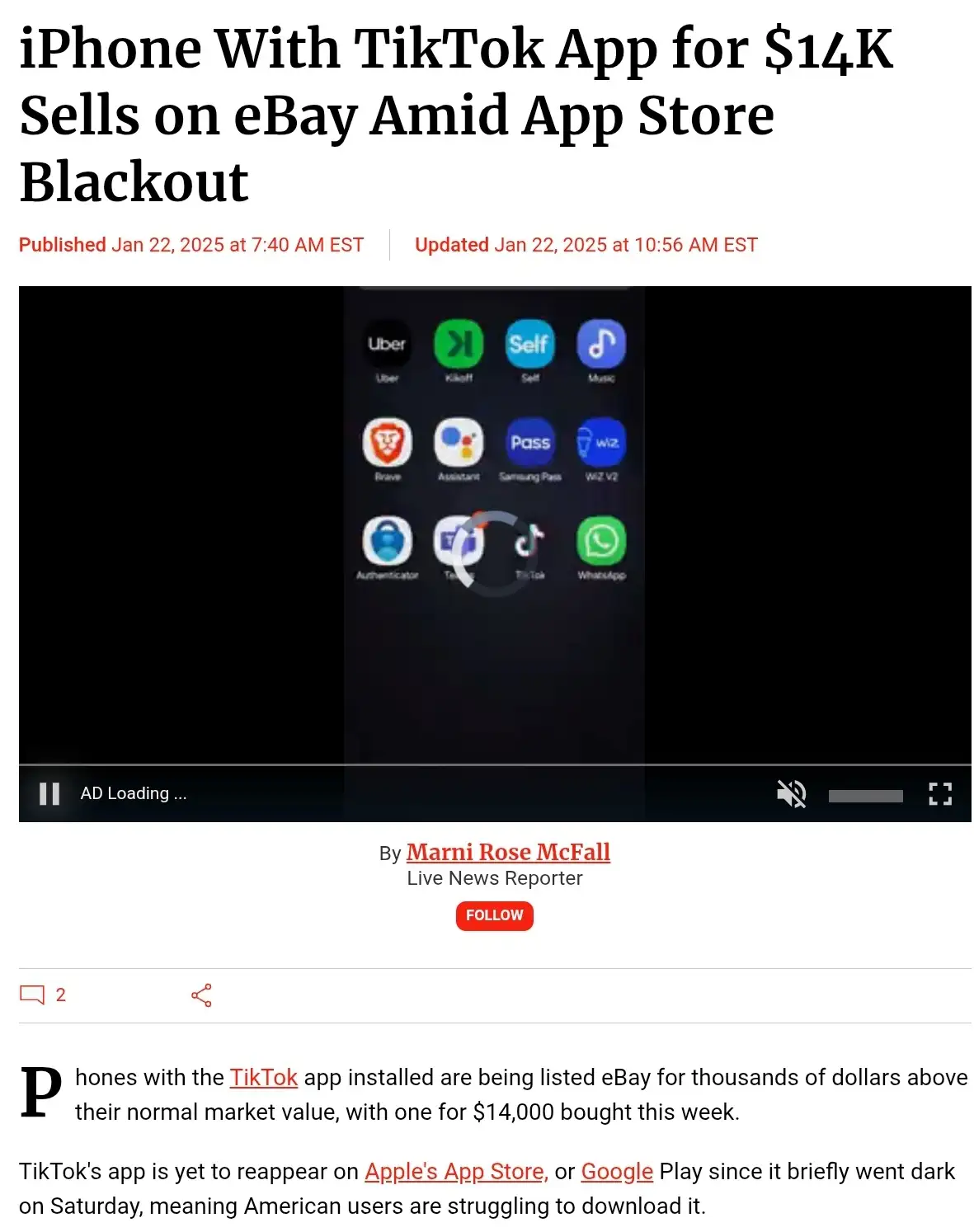 A screenshot of a news article headline about an iPhone with the TikTok app selling for $14,000 on eBay during an app store…